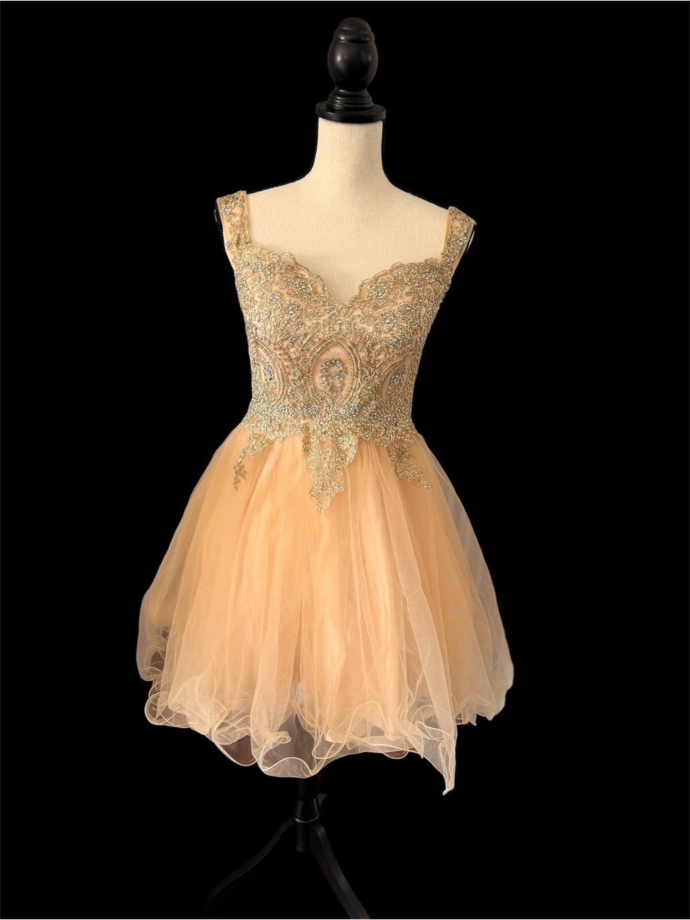 ADORA Peach Tulle Midi Dress with Beaded Bodice